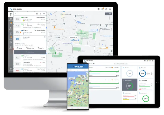 GPS-Buddy platformunun masaüstü, tablet ve mobil ekranları