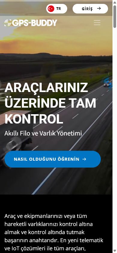 GPS-Buddy kurumsal web sitesi ana sayfa mobil UI/UX tasarımı